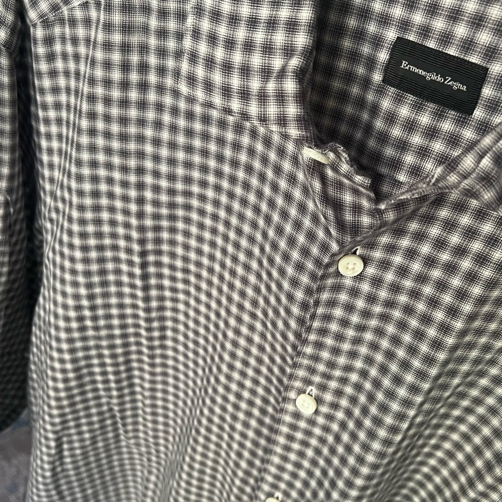 Ermenegildo Zegna Grey White Micro Check Button Down Shirt XL Made in Turkey